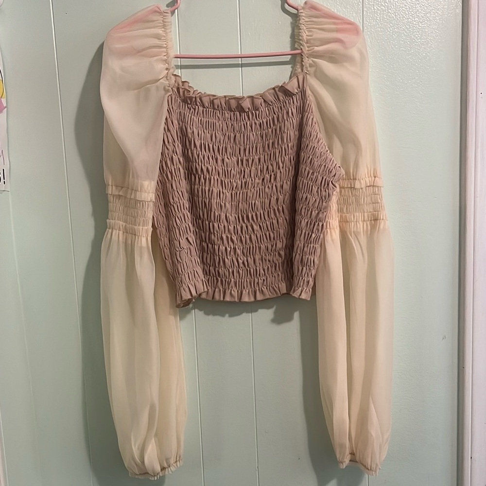 SHEIN Cream Smocked Crop Blouse with Puff Sleeves